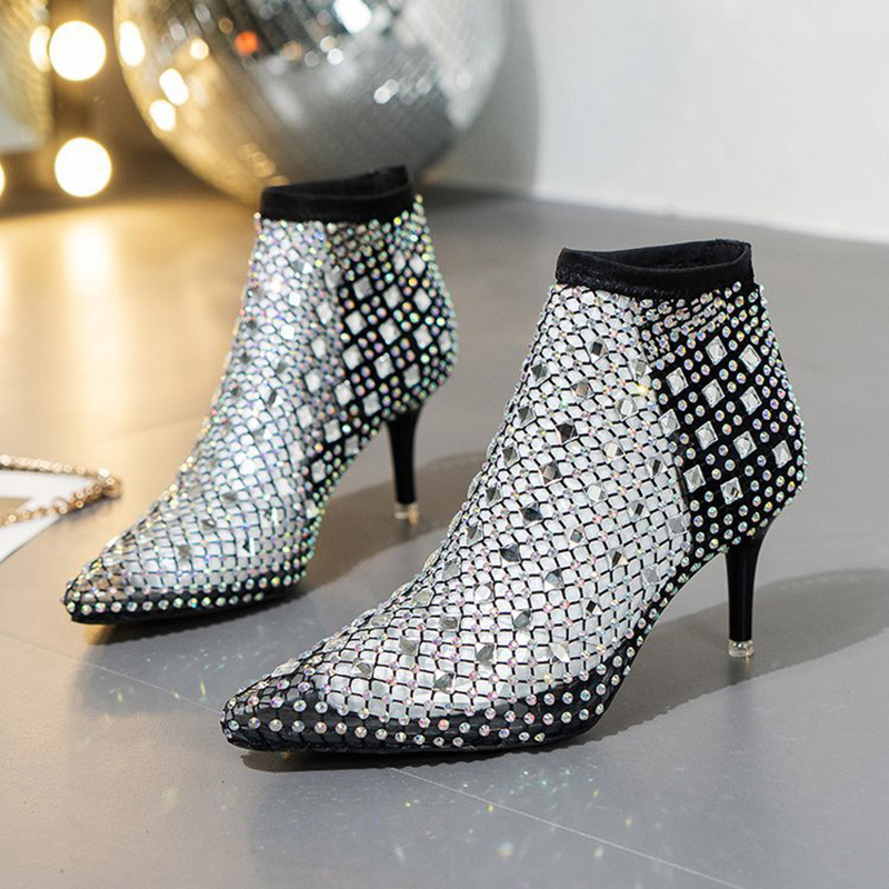 Crystal Mesh Fabric - Sandalias de malla para mujer, botas