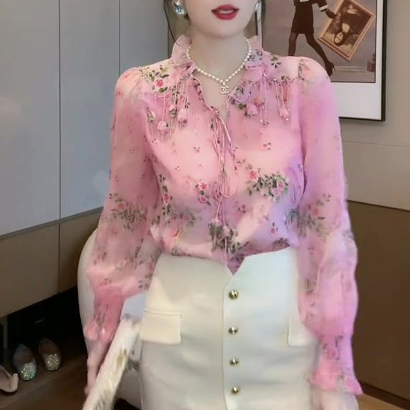 Blusa coreana con estampado de - Tassel Fringe Trim reseña y precio